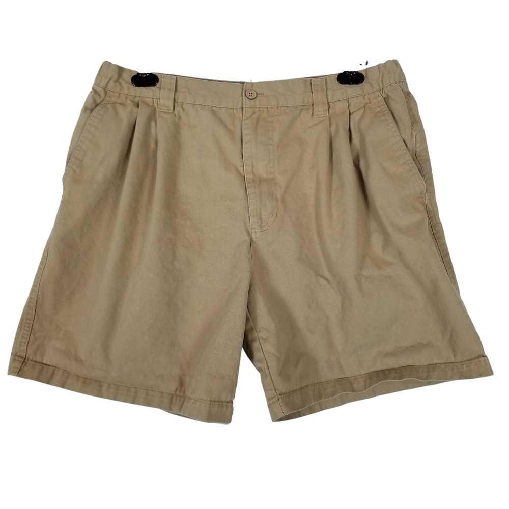 Reyn Spooner Mens Khaki Pleated Chino Shorts 100% Cotton Elastic Waist Tan 36